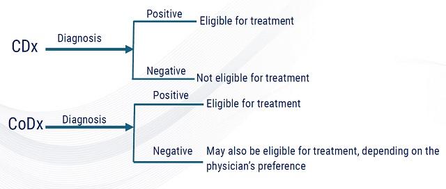 Figure 1. Companion diagnostic testing is a requirement to get the corresponding drug treatment, while there is no such complementary diagnostic testing requirement to get a specific drug treatment